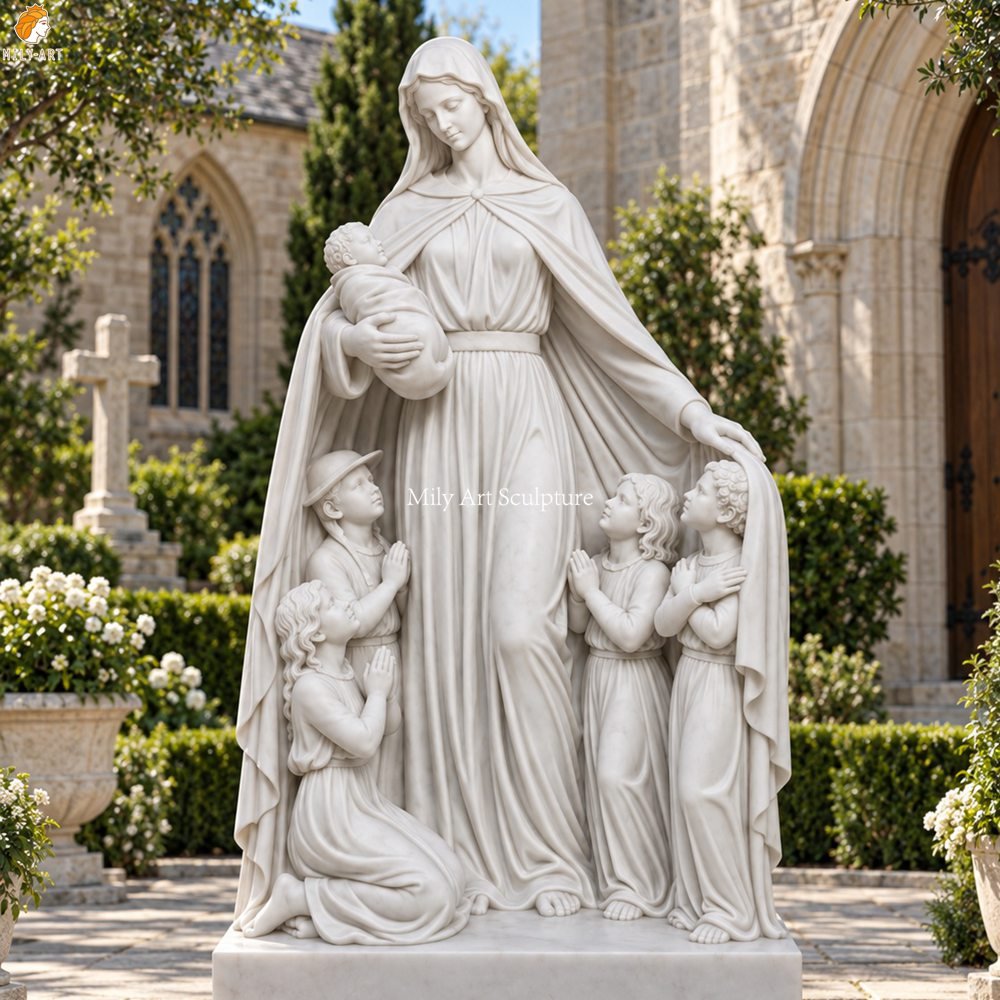 Hand-Carved White Marble Statue of the Virgin Mary Holding the Infant Jesus MLMS-466 Hand-Carved White Marble Statue of the Virgin Mary Holding the Infant Jesus for Church