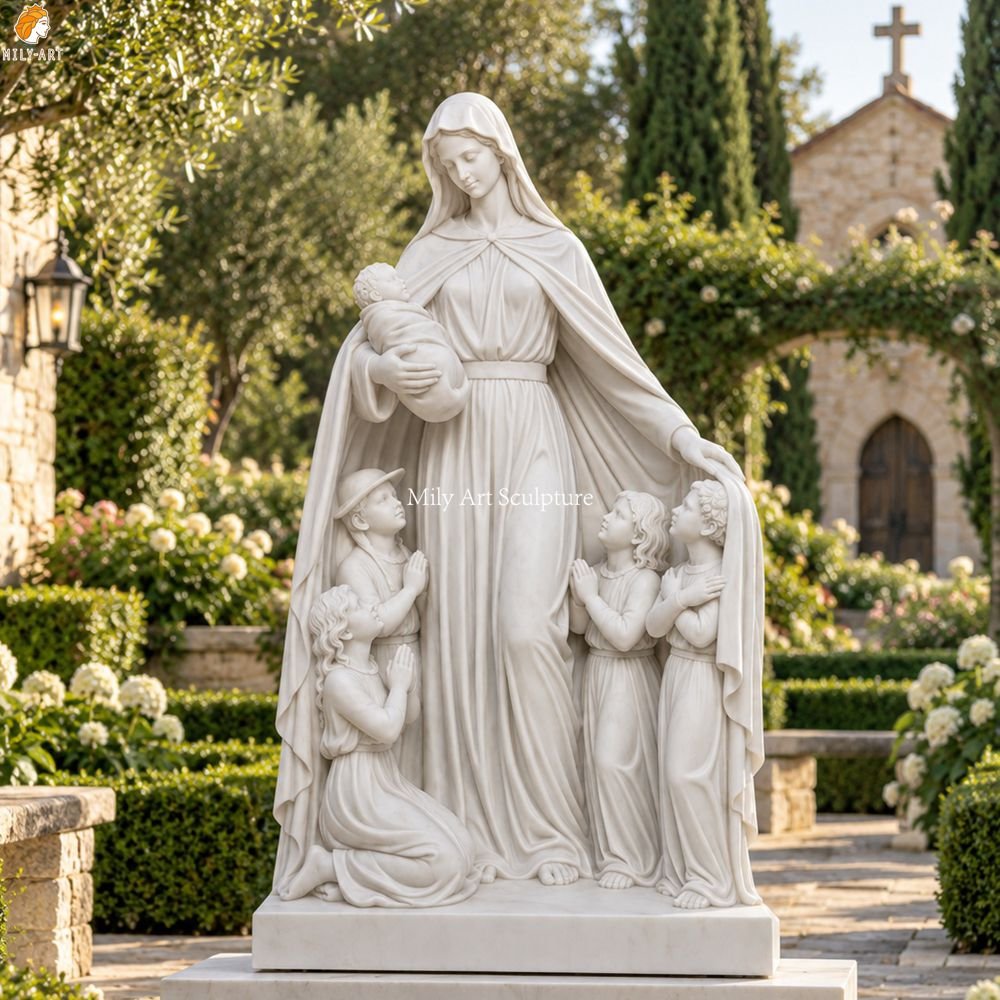 Hand-Carved White Marble Statue of the Virgin Mary Holding the Infant Jesus MLMS-466 Hand-Carved White Marble Statue of the Virgin Mary Holding the Infant Jesus for Garden