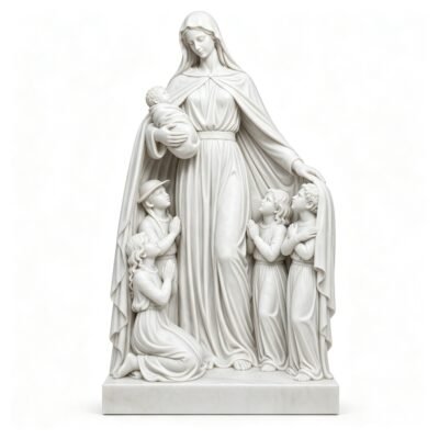 Hand-Carved White Marble Statue of the Virgin Mary Holding the Infant Jesus