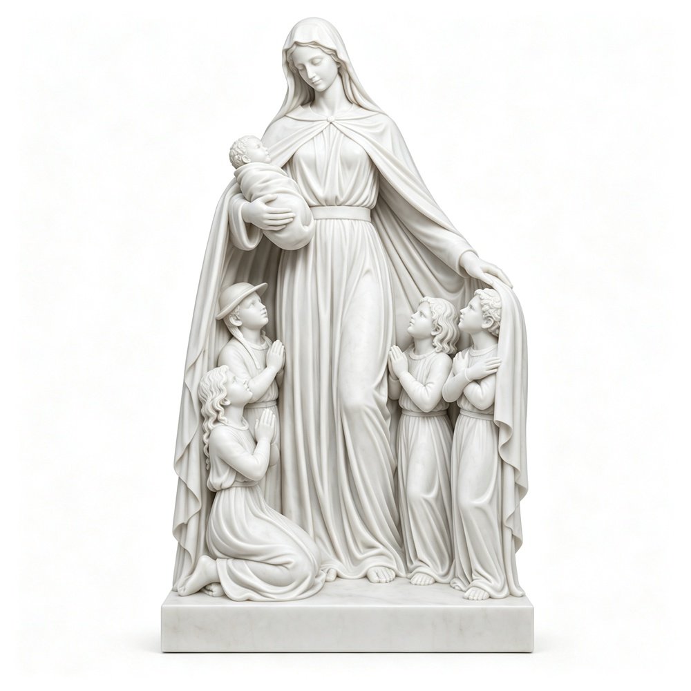 Hand-Carved White Marble Statue of the Virgin Mary Holding the Infant Jesus
