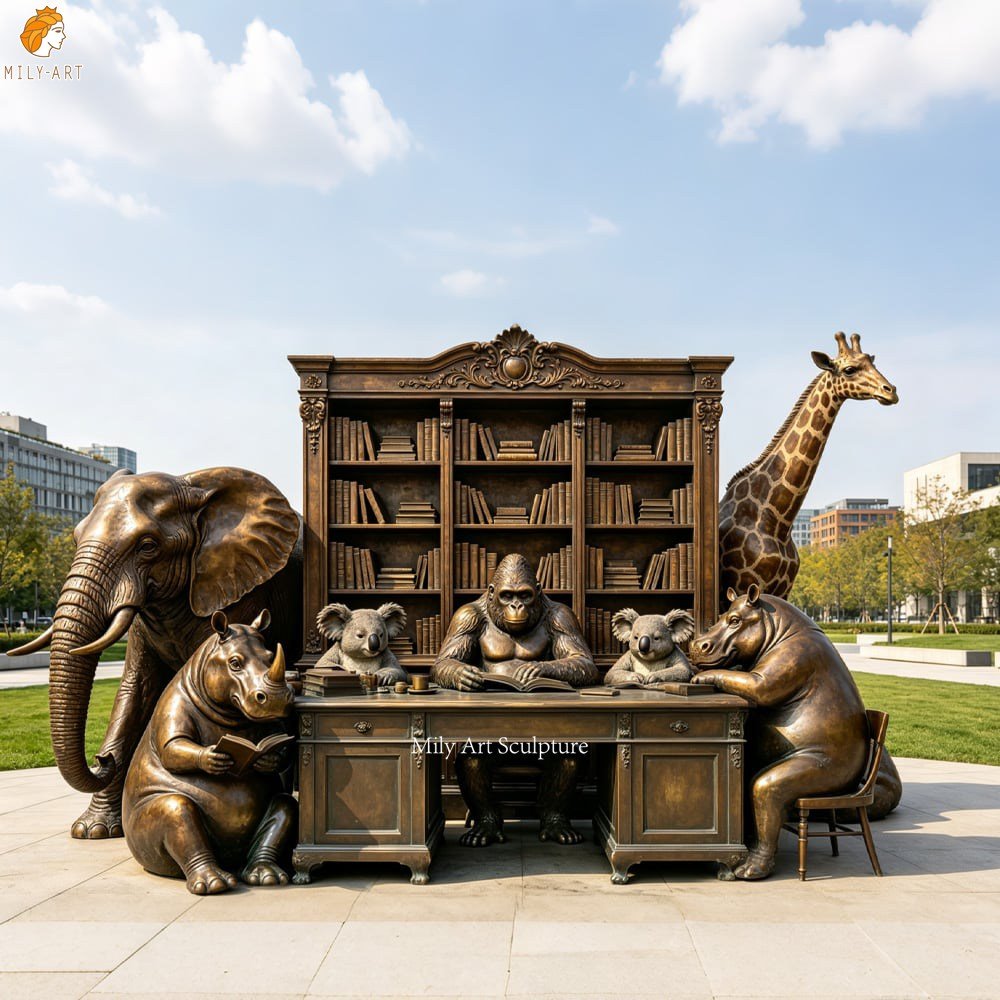 Large Bronze Sculpture Group of Anthropomorphic Animals Reading Books MLBS-401