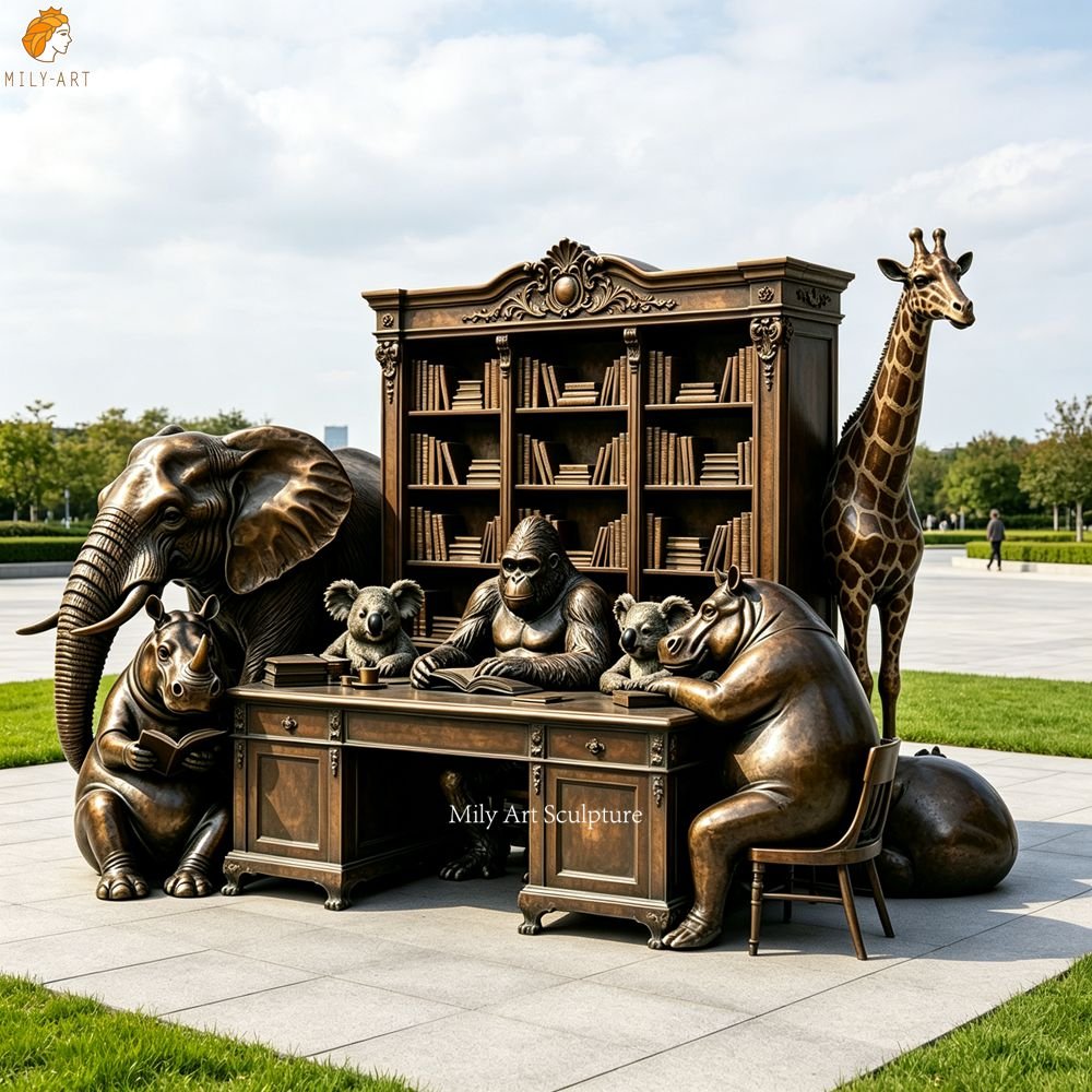 Large Bronze Sculpture Group of Anthropomorphic Animals Reading Books MLBS-401 Large Bronze Sculpture Group of Anthropomorphic Animals Reading Books for Park Decor