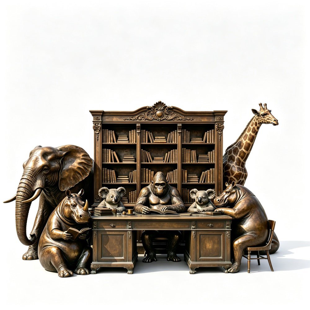 Large Bronze Sculpture Group of Anthropomorphic Animals Reading Books MLBS-401 Large Bronze Sculpture Group of Anthropomorphic Animals Reading Books