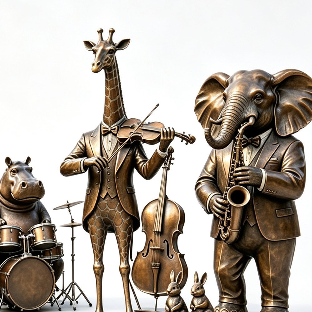 Large Bronze Sculpture Group of Dressed-Up Animals Playing Musical Instruments MLBS-402 Large Bronze Sculpture Group of Dressed-Up Animals Playing Musical Instruments Detail