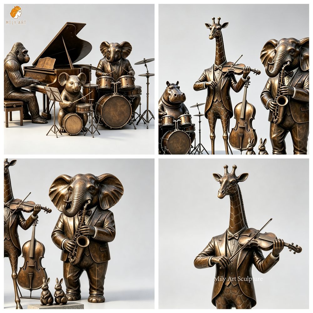 Large Bronze Sculpture Group of Dressed-Up Animals Playing Musical Instruments MLBS-402 Large Bronze Sculpture Group of Dressed-Up Animals Playing Musical Instruments Details