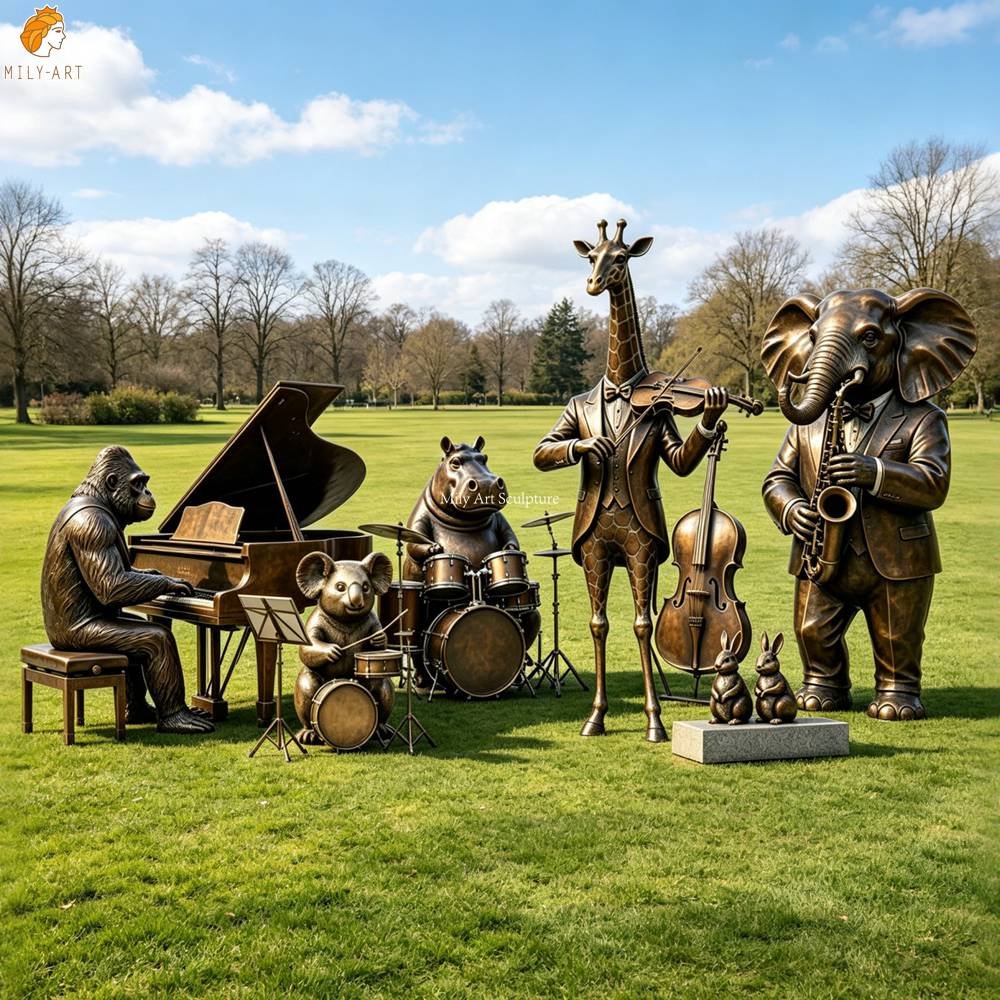 Large Bronze Sculpture Group of Dressed-Up Animals Playing Musical Instruments MLBS-402 Large Bronze Sculpture Group of Dressed-Up Animals Playing Musical Instruments for Lawn Decor