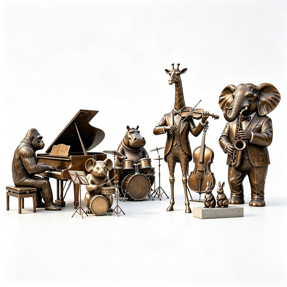 Large Bronze Sculpture Group of Dressed-Up Animals Playing Musical Instruments MLBS-402 Large Bronze Sculpture Group of Dressed-Up Animals Playing Musical Instruments