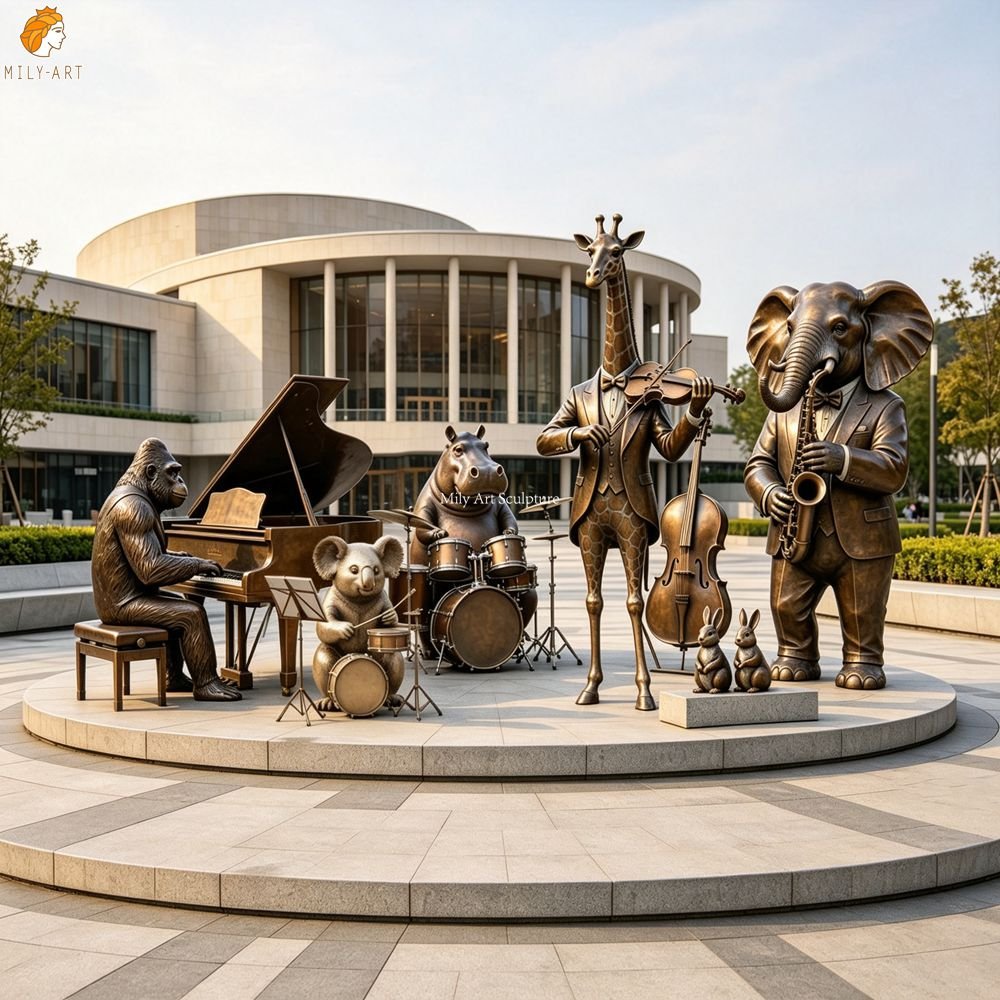 Large Bronze Sculpture Group of Dressed-Up Animals Playing Musical Instruments for Square Decor
