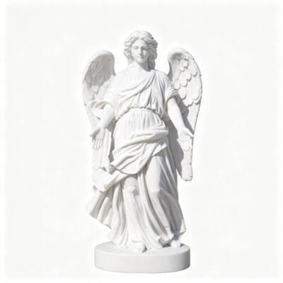 Life-Size White Marble Angel Statue with Large Wings