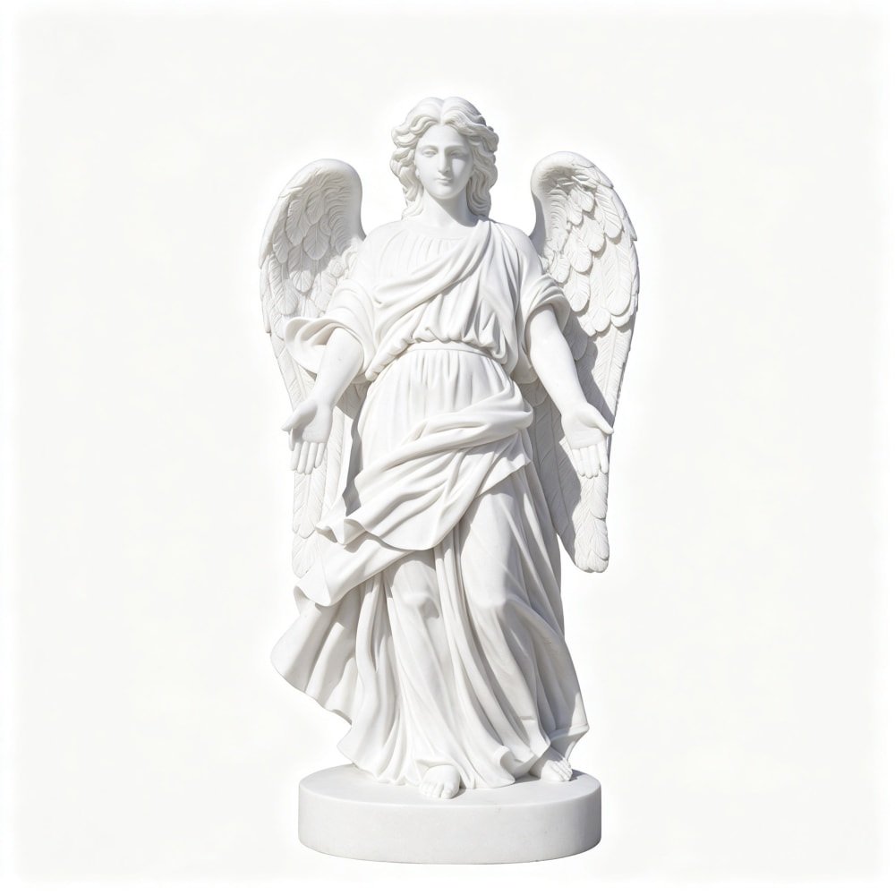 Life-Size White Marble Angel Statue with Large Wings
