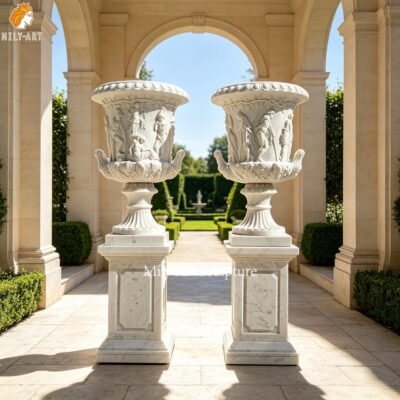 Marble Planter Featuring Classical Figurative Relief Carvings for Garden Decor