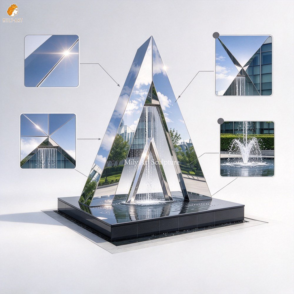 Modern Abstract Art Triangular Pyramid Metal Fountain MLSS-280 Modern Abstract Art Triangular Pyramid Metal Fountain Details