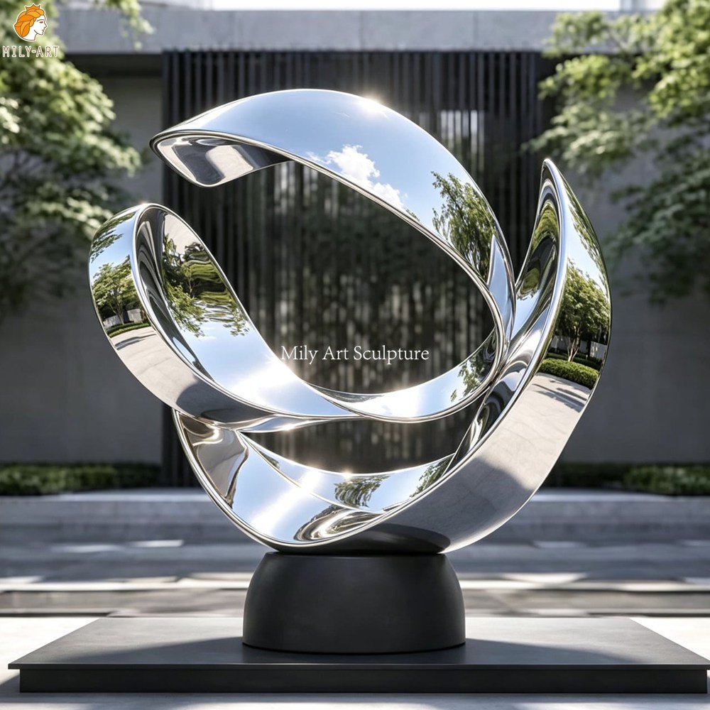 Modern Stainless Steel Abstract Sculpture with Flowing Ribbon Loops MLSS-278 Modern Stainless Steel Abstract Sculpture with Flowing Ribbon Loops for Outdoor