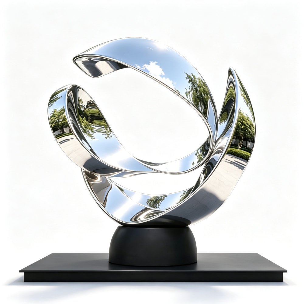 Modern Stainless Steel Abstract Sculpture with Flowing Ribbon Loops MLSS-278 Modern Stainless Steel Abstract Sculpture with Flowing Ribbon Loops