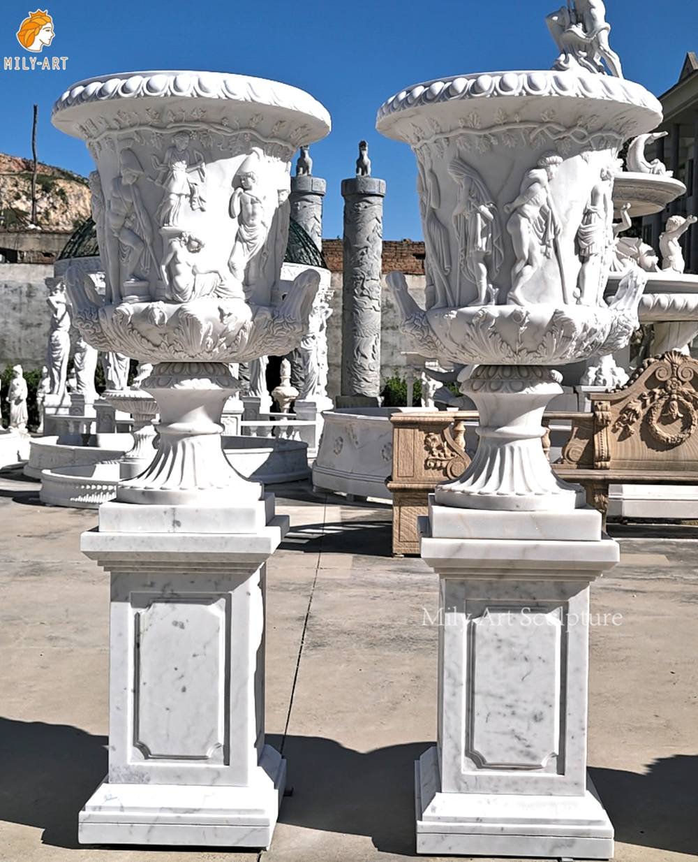 Natural Marble Garden Planter Featuring Classical Figurative Relief Carvings