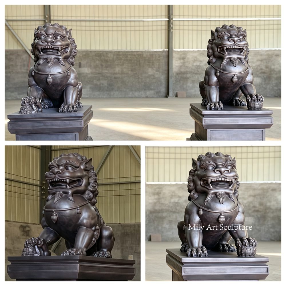 Pair of Bronze Chinese Guardian Lion Statues Dog Statues Details