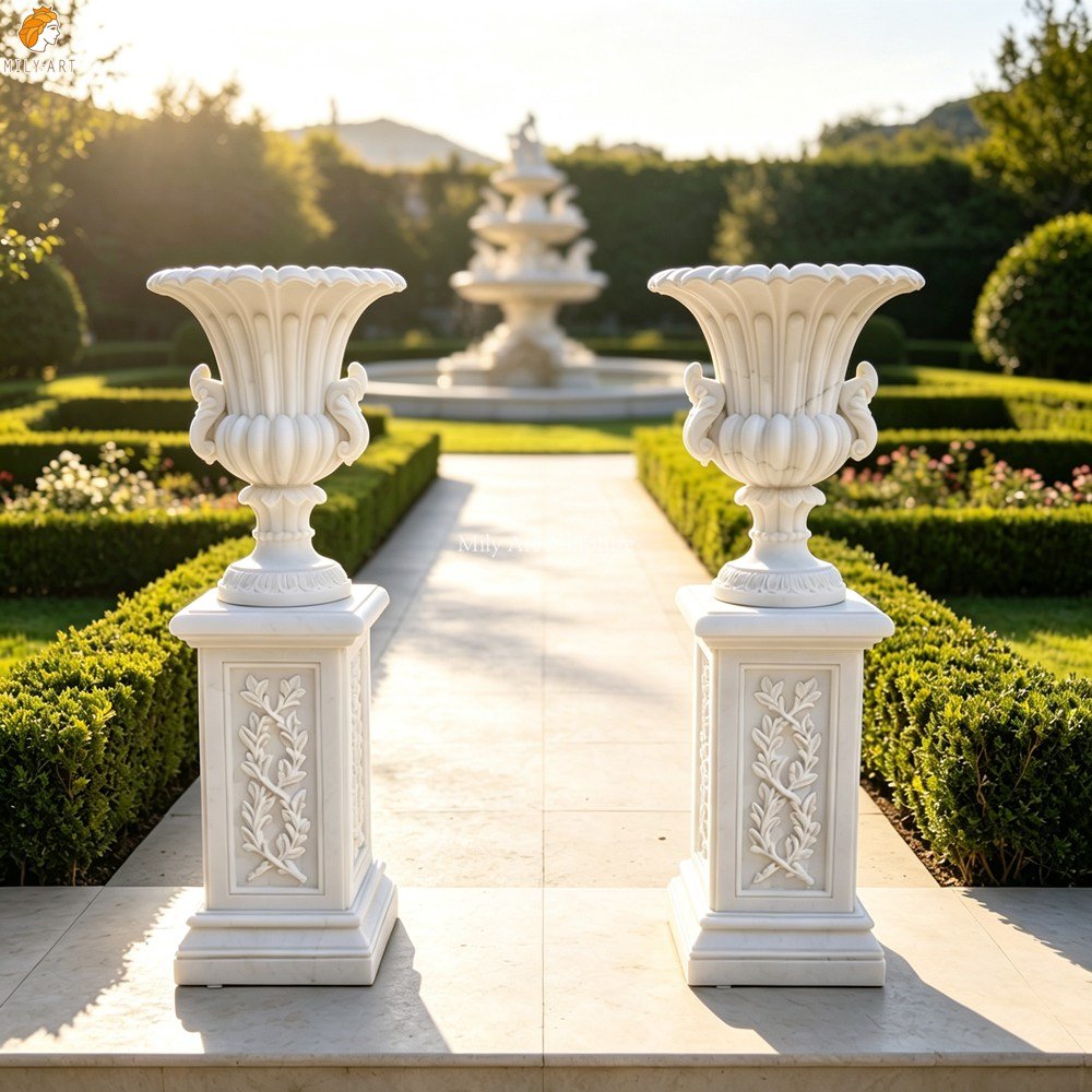 Classical White Marble Garden Urn Planter with Carved Pedestal Base MLMS-467 Pair of Classical White Marble Garden Urn Planters with Carved Pedestal Base