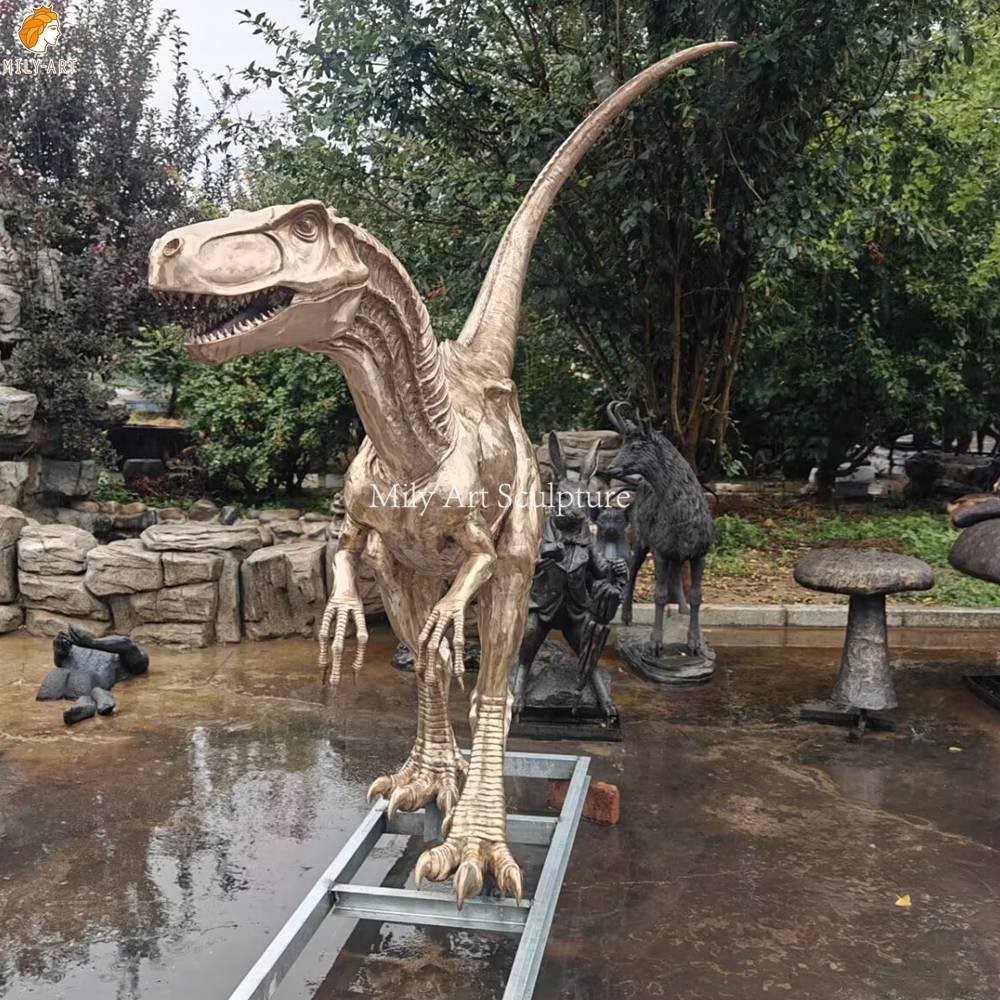 Life Size Bronze Velociraptor Statue for Sale MLBS-399 Polished Bronze Velociraptor Statue Front View