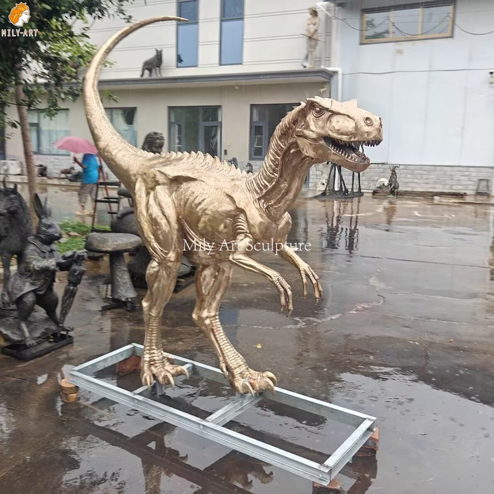 Life Size Bronze Velociraptor Statue for Sale MLBS-399 Polished Bronze Velociraptor Statue Side View