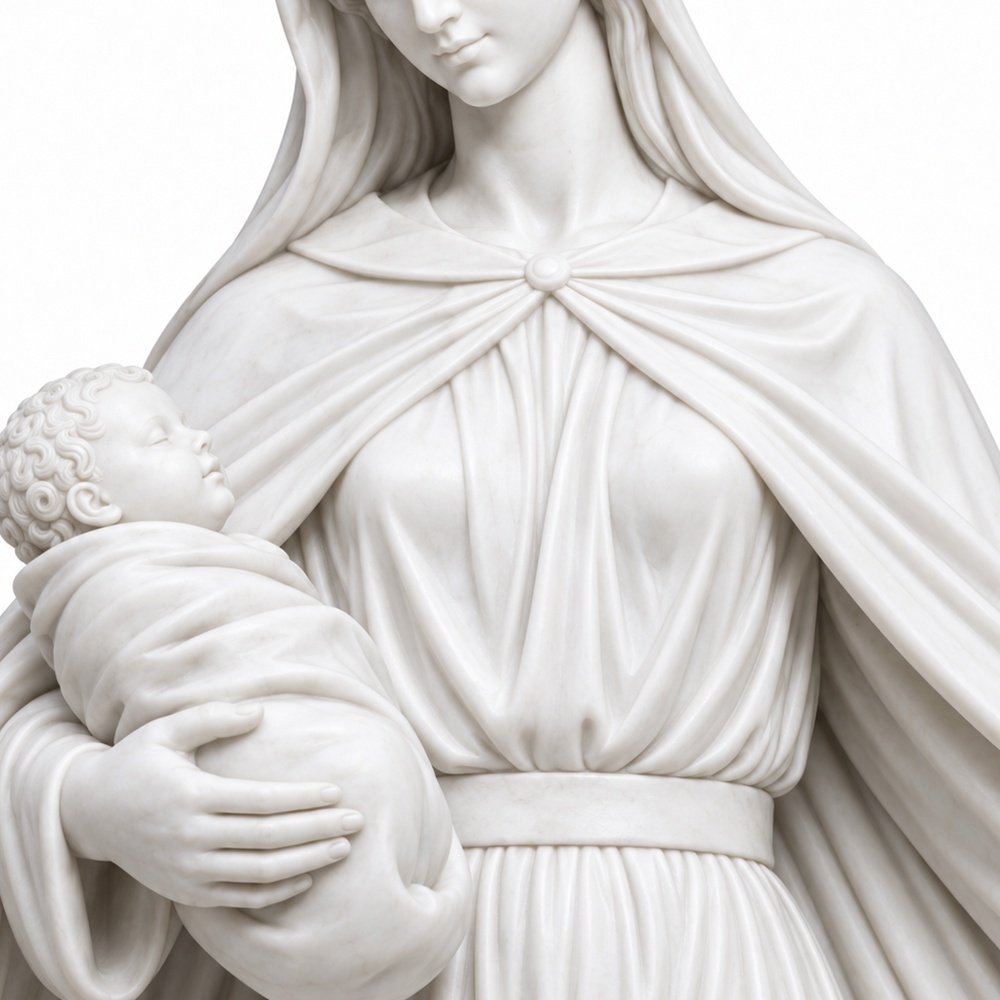 Hand-Carved White Marble Statue of the Virgin Mary Holding the Infant Jesus MLMS-466 White Marble Statue of the Virgin Mary Holding the Infant Jesus Detail