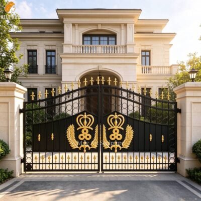Wrought Iron Gate with Gold Emblem Panels for Villa