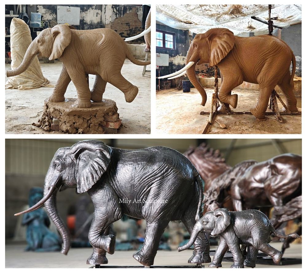 Lifelike Bronze Elephant Statue Trunk Down Garden Decor MLBS-408 Bronze Mother Elephant and Little Elephant Statue Trunk Down Factory Photo