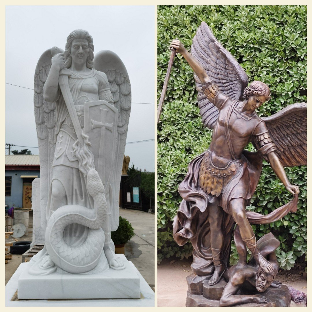 Bronze vs Marble Statues: Outdoor Use, Care & Total Cost Bronze vs Marble saint michael Statues outdoor garden comparison