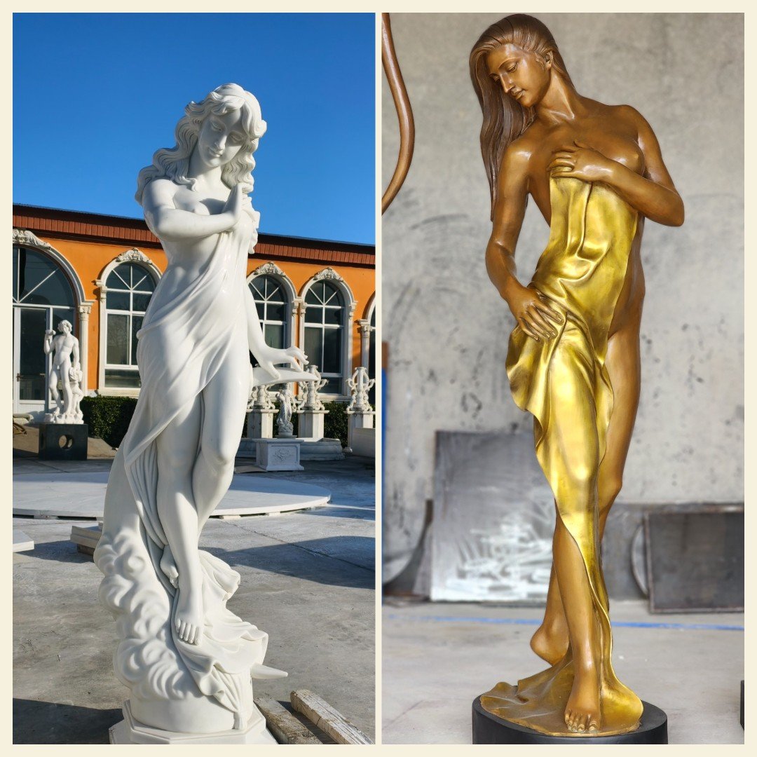 Bronze vs Marble Statues: Outdoor Use, Care & Total Cost Bronze vs Marble female Statues outdoor use in estate landscape
