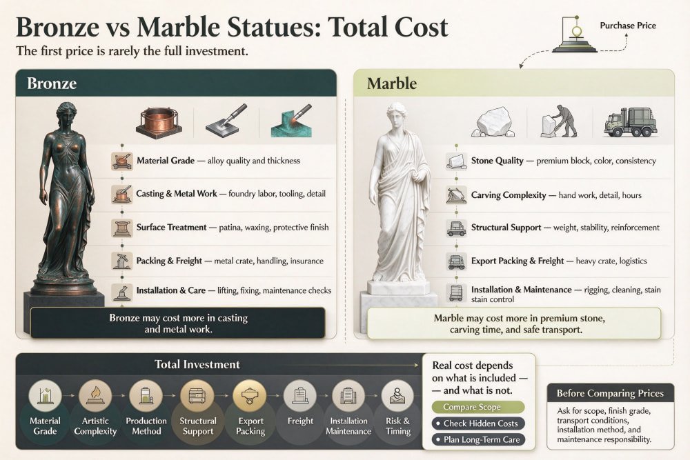 Bronze vs Marble Statues: Outdoor Use, Care & Total Cost Bronze vs Marble Statues total cost comparison