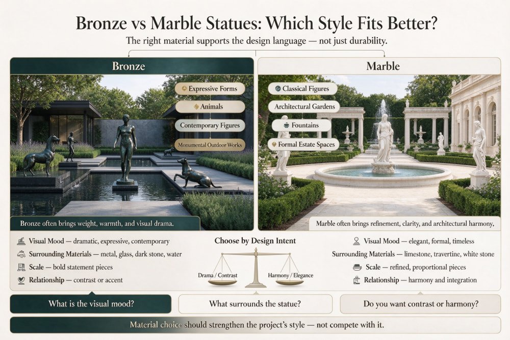Bronze vs Marble Statues: Outdoor Use, Care & Total Cost Bronze vs Marble Statues design style for villas and gardens