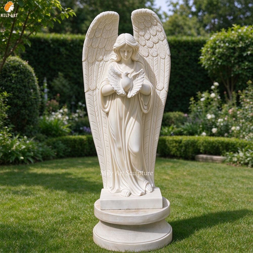 Hand-Carved Peaceful Dove Angel Marble Sculpture for Garden