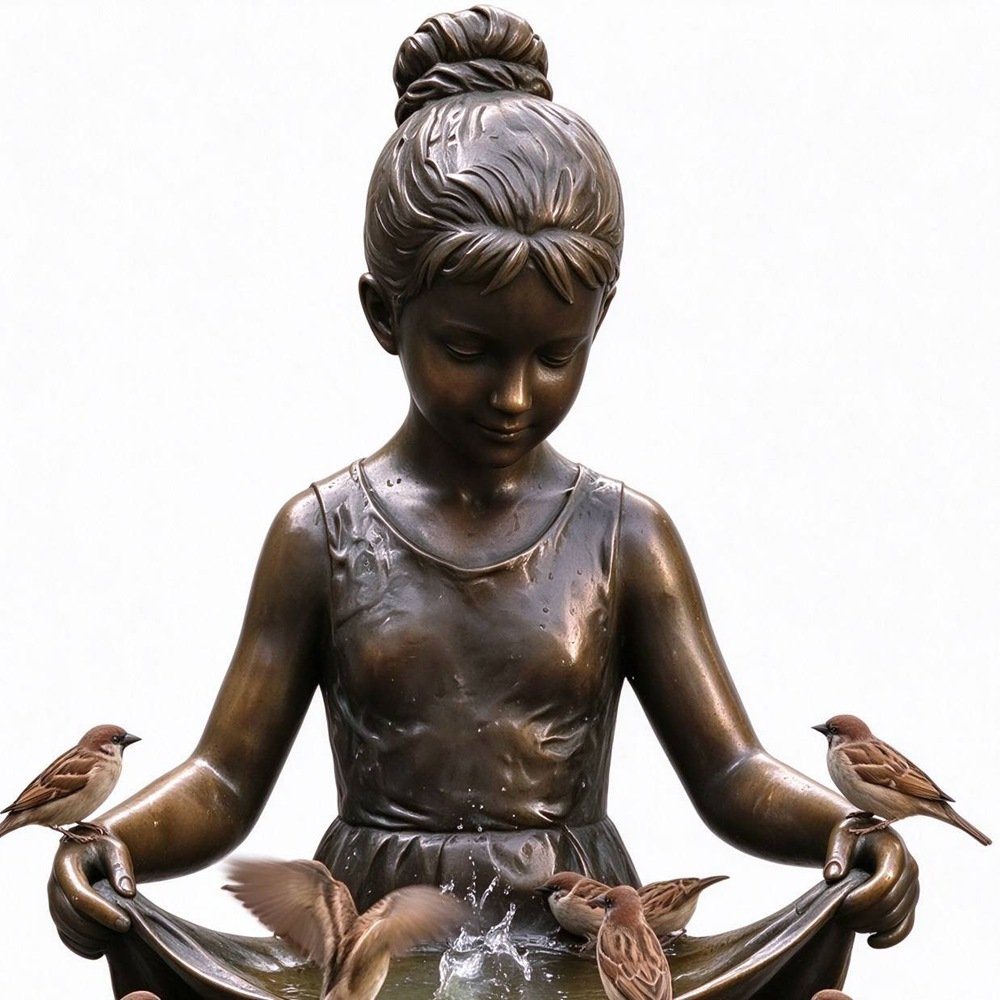 Handcrafted Bronze Girl with Birdbath Water Fountain MLBS-407 Handcrafted Bronze Girl with Birdbath Water Fountain Detail