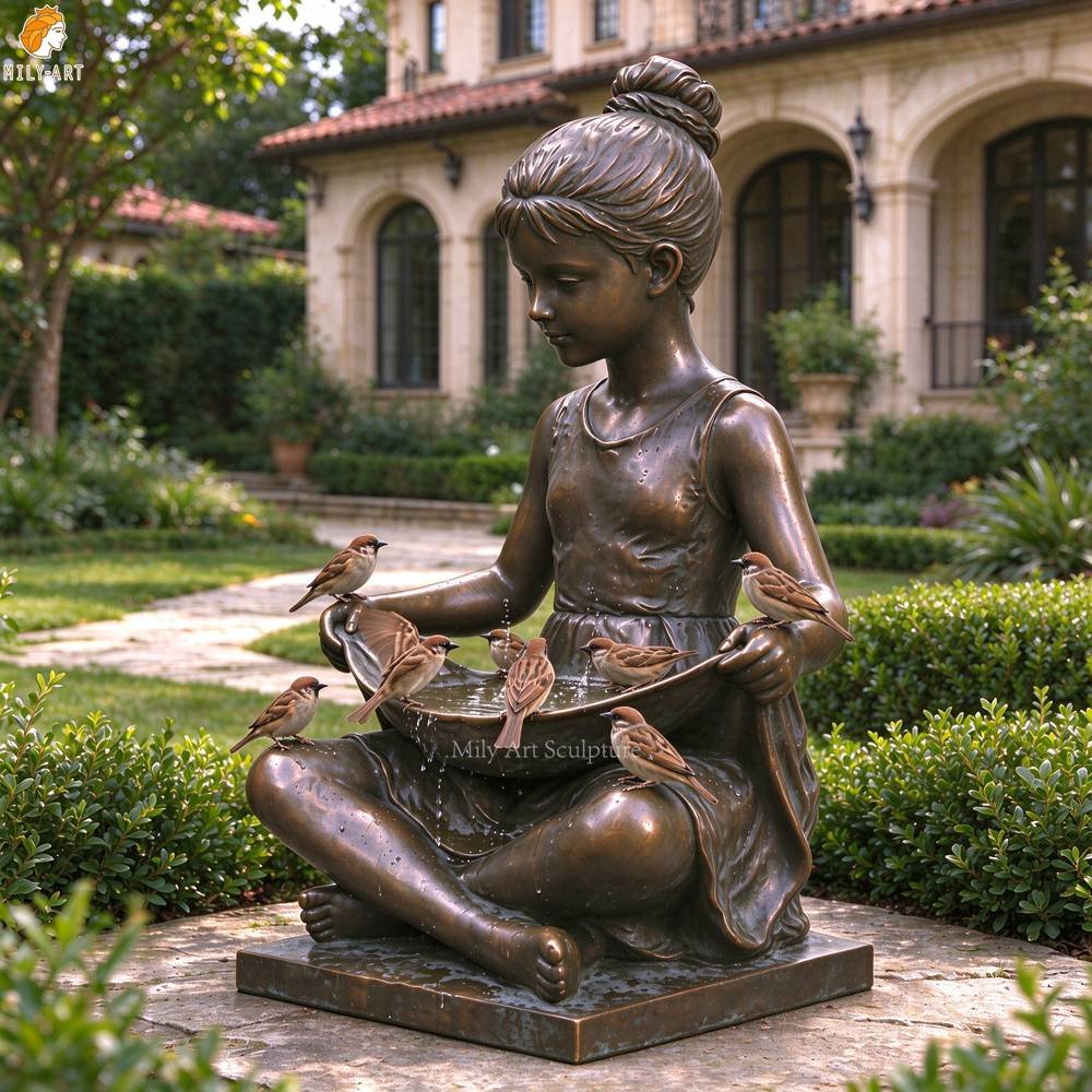 Handcrafted Bronze Girl with Birdbath Water Fountain MLBS-407 Handcrafted Bronze Girl with Birdbath Water Fountain for Yard