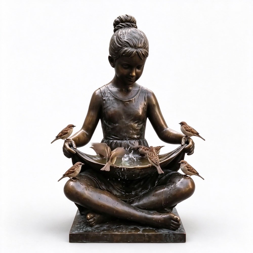 Handcrafted Bronze Girl with Birdbath Water Fountain MLBS-407 Handcrafted Bronze Girl with Birdbath Water Fountain