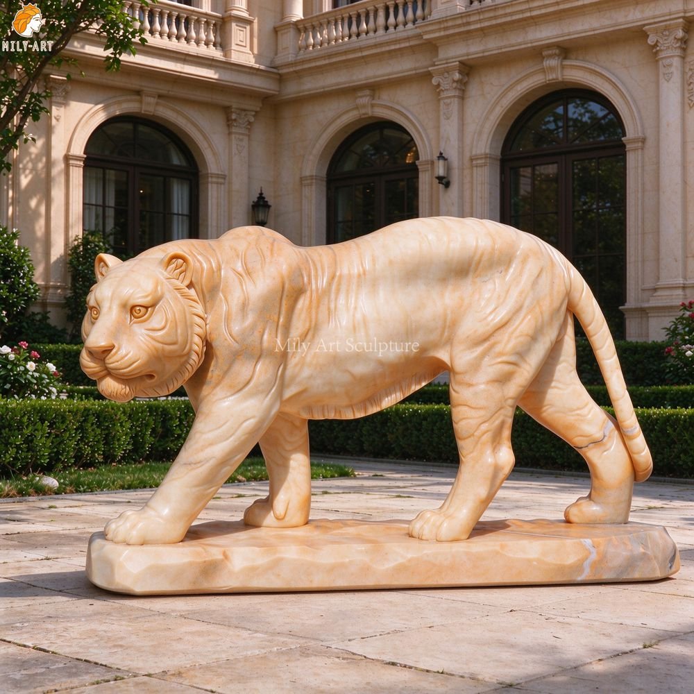 Life Size Outdoor Marble Tiger Statue for Sale MLMS-471 Life Size Sunset Red Marble Tiger Statue for Yard