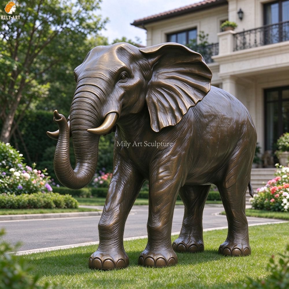 Lifelike Bronze Elephant Statue Trunk Down Garden Decor
