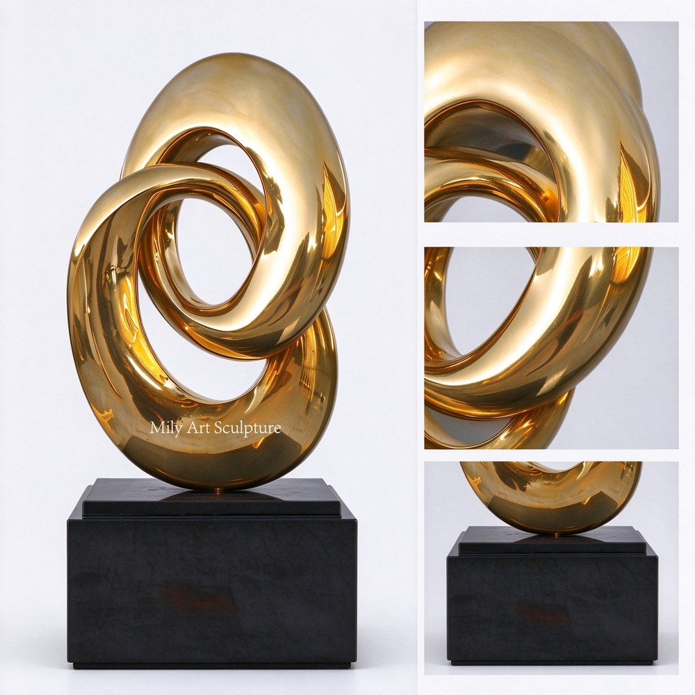 Mirror-Polished Modern Abstract Knot Sculpture with Gold Finish Details