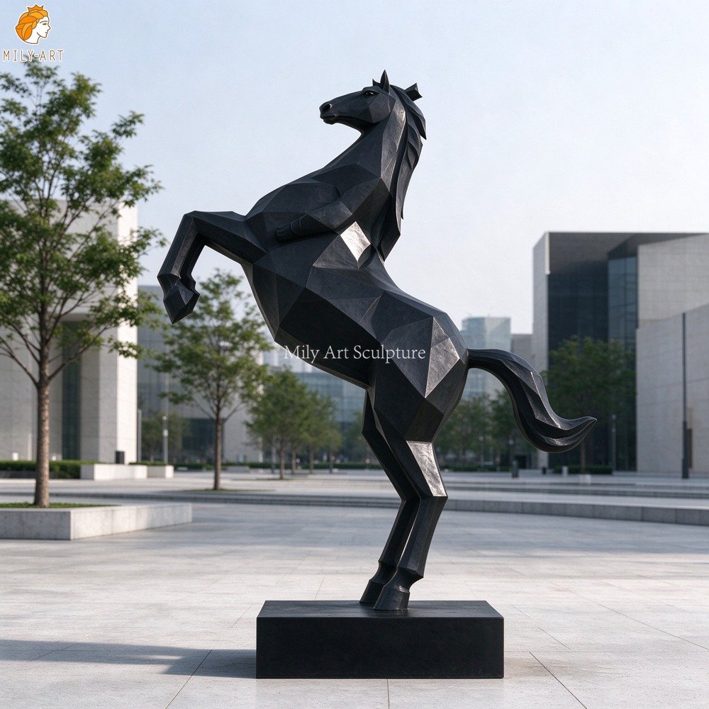 Modern Metal Low-Poly Geometric Rearing Horse Sculpture MLSS-281 Modern Black Metal Low-Poly Geometric Rearing Horse Sculpture for Square Decor