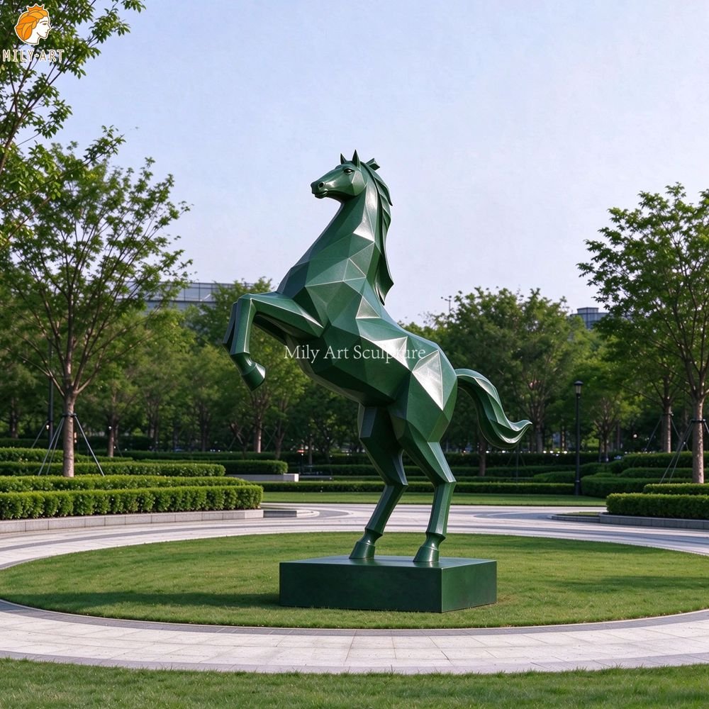 Modern Metal Low-Poly Geometric Rearing Horse Sculpture MLSS-281 Modern Green Metal Low-Poly Geometric Rearing Horse Sculpture for Park Decor