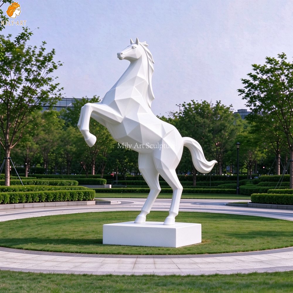 Modern Metal Low-Poly Geometric Rearing Horse Sculpture MLSS-281 Modern White Metal Low-Poly Geometric Rearing Horse Sculpture for Park Decor