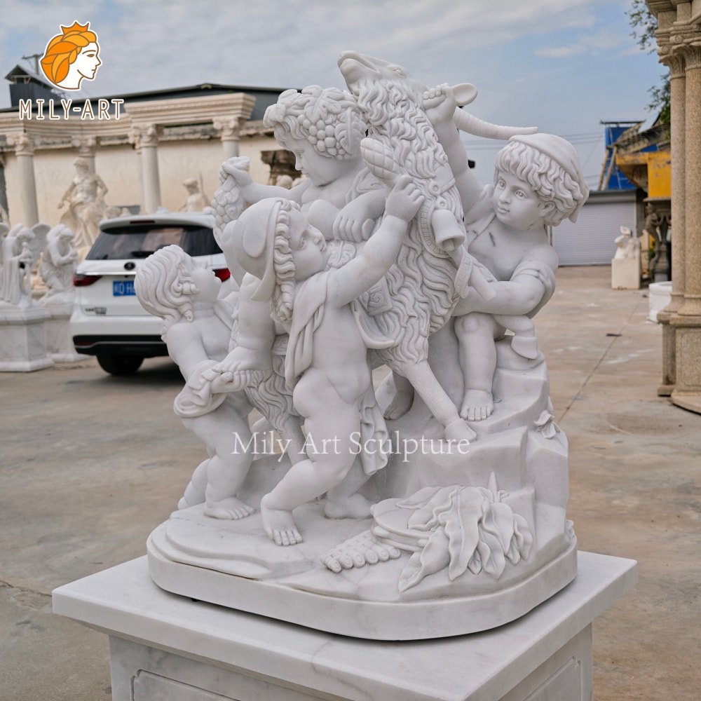 Hand-carved white marble replica of the Triumph of Bacchus depicting putti and a goat Side view of the hand-carved marble Triumph of Bacchus group in the factory courtyard