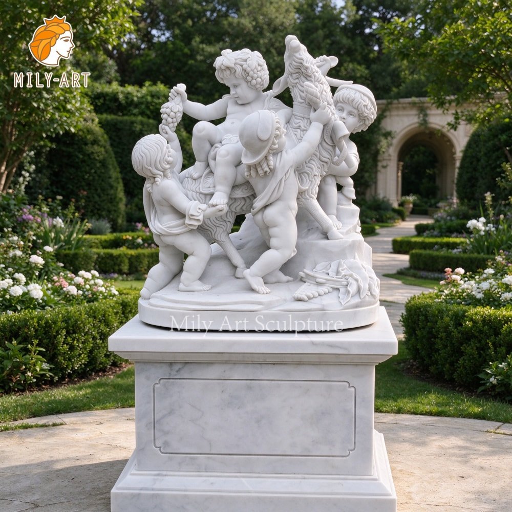 Hand-carved white marble replica of the Triumph of Bacchus depicting putti and a goat White marble putti and goat Triumph of Bacchus sculpture displayed in a garden setting