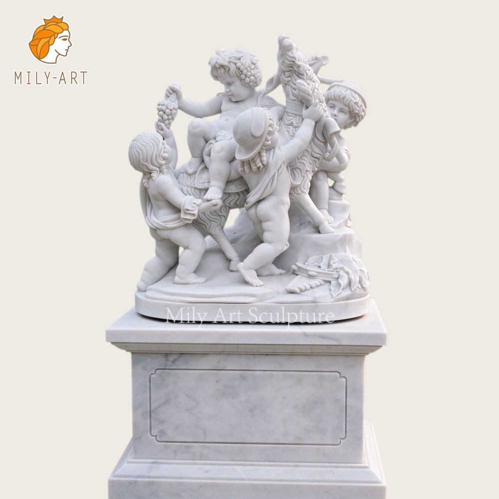 Hand-carved white marble replica of the Triumph of Bacchus depicting putti and a goat